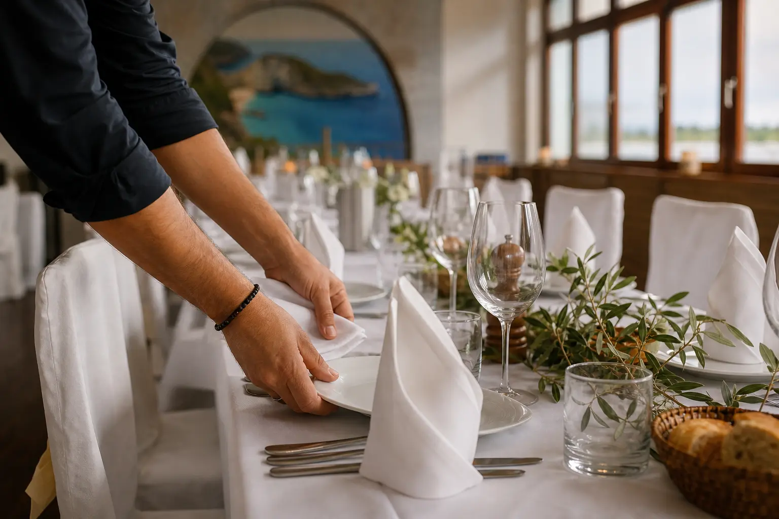 Service bereitet einen Festtisch im Seehaus Friedberg vor.