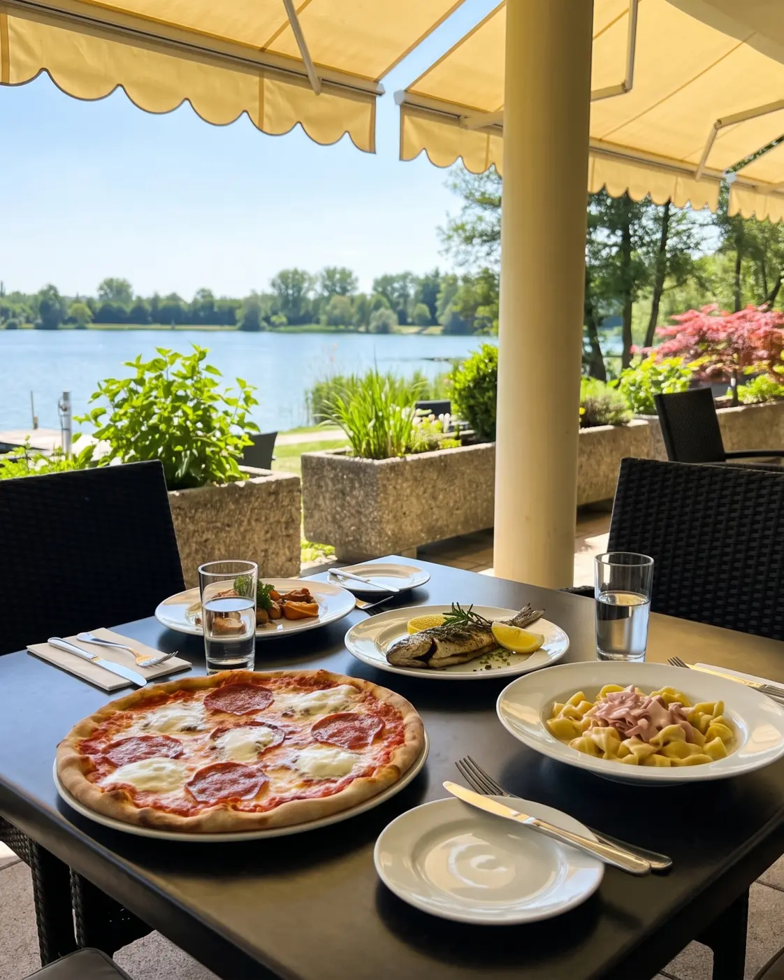 Pizza, Pasta und Fisch auf einem Restauranttisch am See.